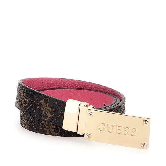 New GUESS REVERSIBLE DIDI BELT BROWN LOGO/FUSCHIA
